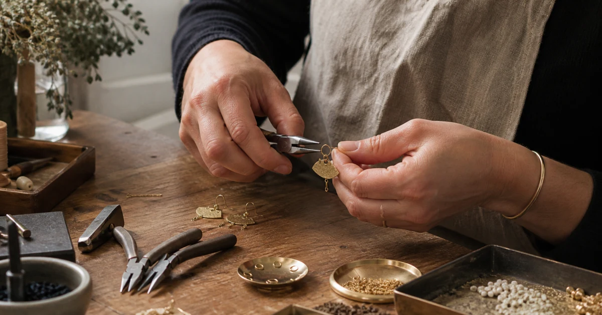 Mains fabriquant des boucles d'oreilles à l'établi, outils de bijouterie