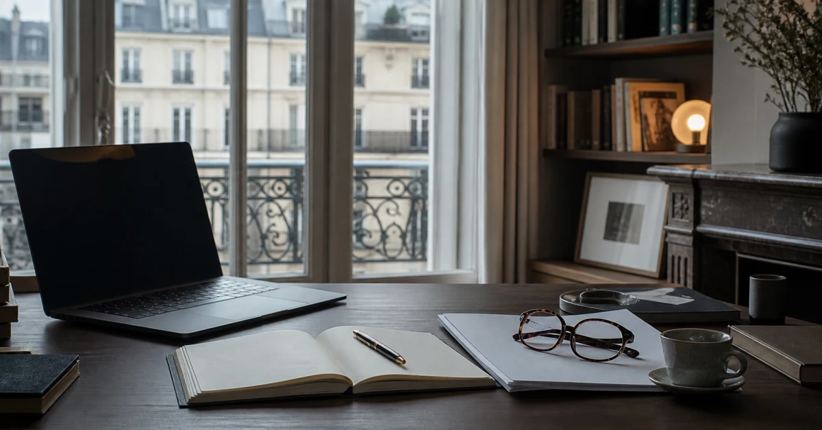 Bureau à domicile : ordinateur portable, carnet et lunettes, balcon parisien en fond