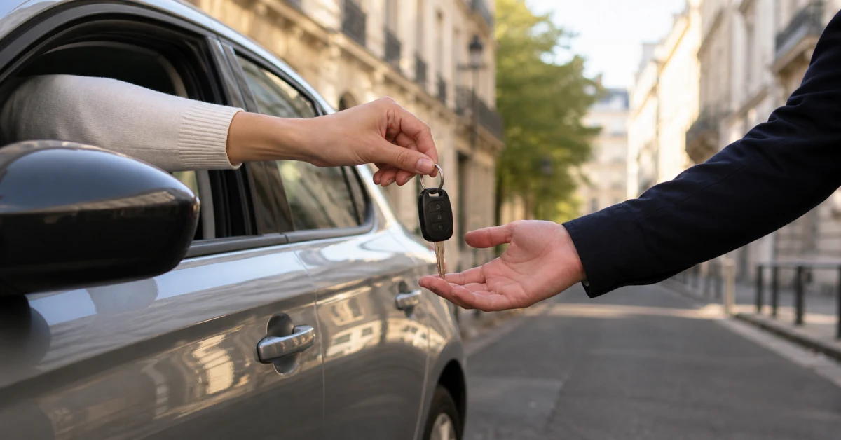 Remise de clés de voiture de la main à la main dans une rue haussmannienne