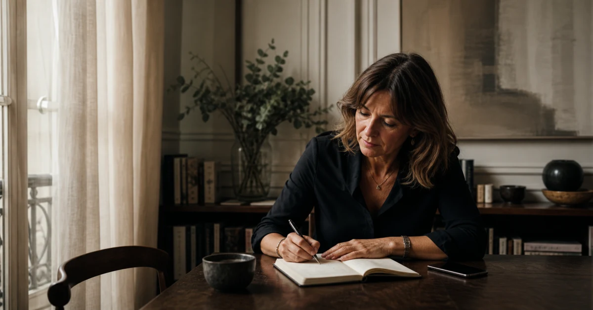 Femme écrivant dans un carnet à la table d'un appartement français, lumière douce